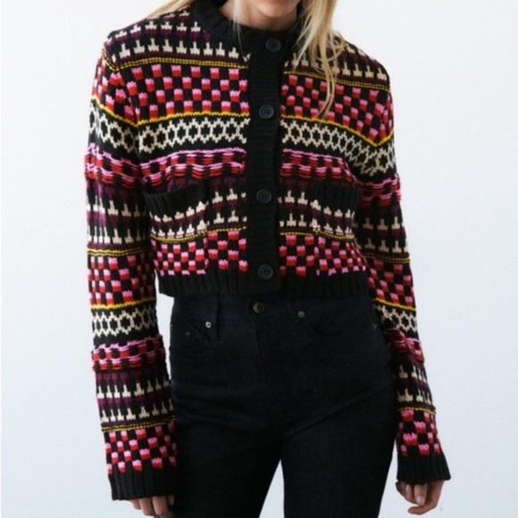 Zara Jacquard Multicolored Cropped Pocket Cardigan Jacket Size L - Picture 1 of 11